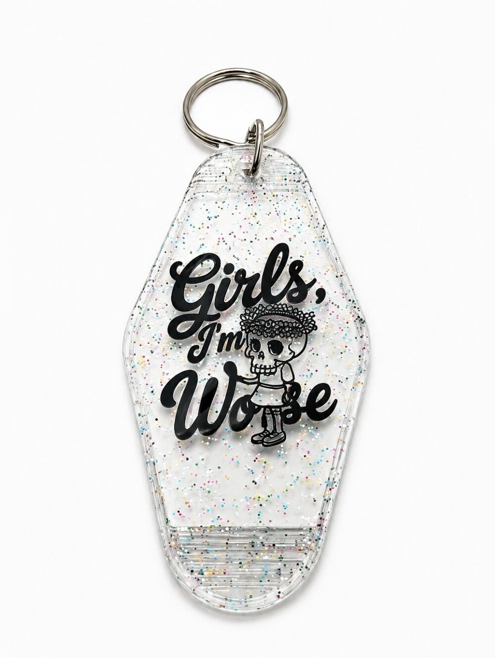 Clear Glitter And Black Skeleton Motel Keychain